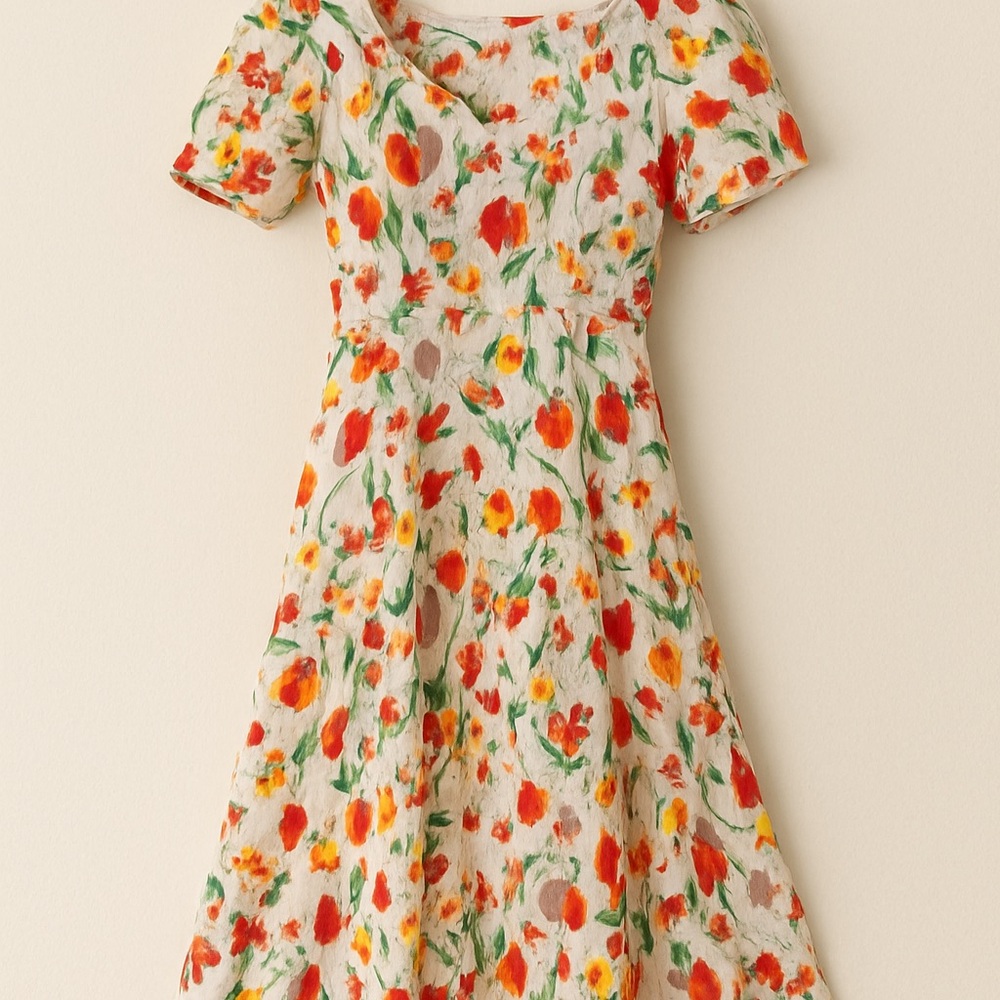 Vintage Floral Puff Sleeve Midi Dress – Size S